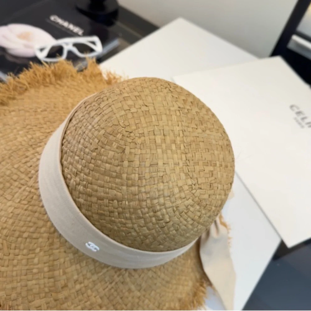 Chanel Natural Straw Wide-Brim Sun Hat with Beige Ribbon - Picture 5 of 7